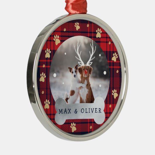 赤と海軍青のプレイドと金ゴールドポープのペット写真 メタルオーナメント (右)