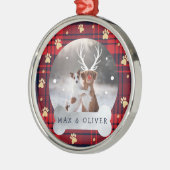 赤と海軍青のプレイドと金ゴールドポープのペット写真 メタルオーナメント (左)