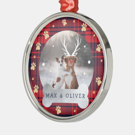 赤と海軍青のプレイドと金ゴールドポープのペット写真 メタルオーナメント (左)