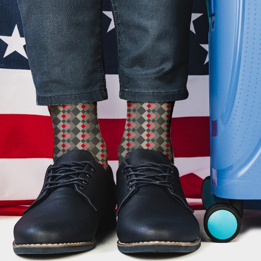 赤と灰色のシックなダイヤモンドパターン、抽象芸術 ソックス