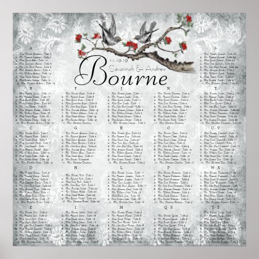 赤と灰色のヴィンテージの鳥の披露宴シーティングチャート ポスター (正面)