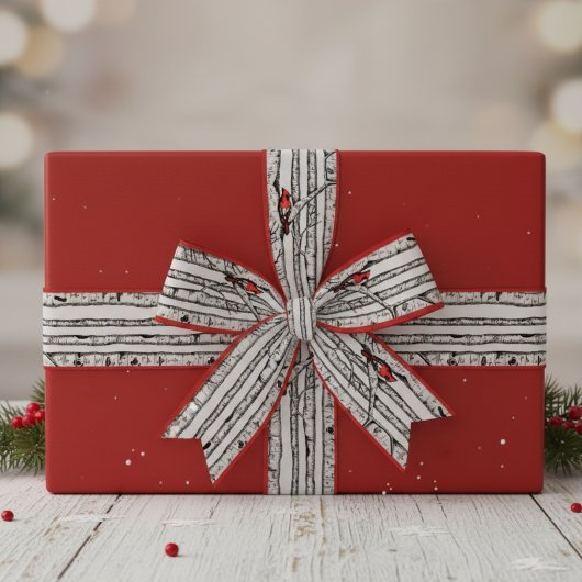 赤と灰色の樺の木の木と赤の（鳥）ショウジョウコウカンチョウの鳥 グログランリボン