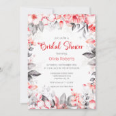 赤と灰色の水色の花のブライダルシャワー 招待状 (正面)