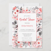 赤と灰色の水色の花のブライダルシャワー 招待状 (正面)