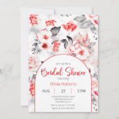 赤と灰色の水色の花のブライダルシャワー 招待状 (正面)