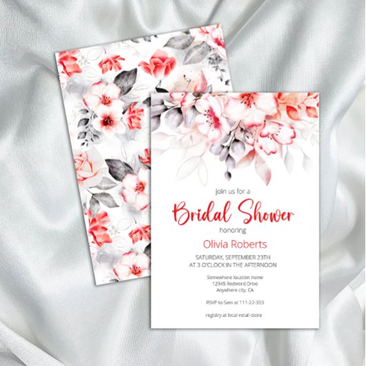 赤と灰色の水色の花のブライダルシャワー 招待状