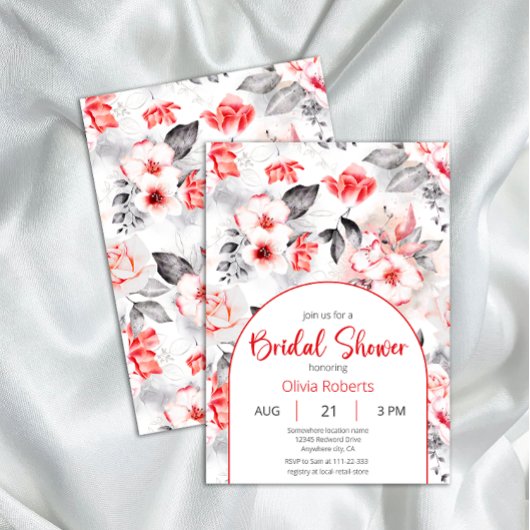 赤と灰色の水色の花のブライダルシャワー 招待状