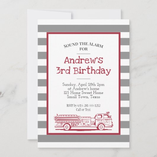 赤と灰色の消防車の誕生日招待状 (正面)