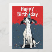 赤と灰色の漫画の犬の誕生日パーティー 招待状 (正面/裏面)