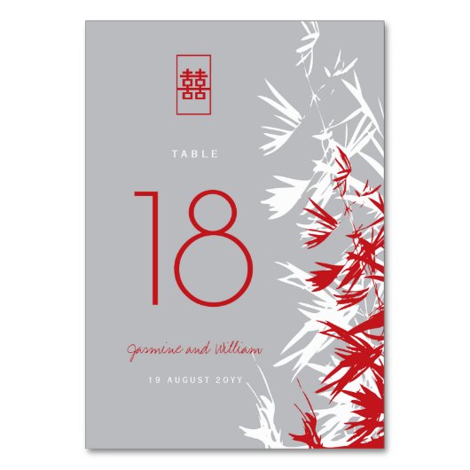 赤と灰色の竹葉の二重の幸福結婚の テーブルナンバー (正面)