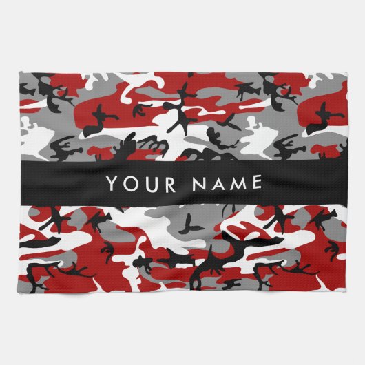 赤と灰色の迷彩自分の名前をパーソナライズ キッチンタオル (横)