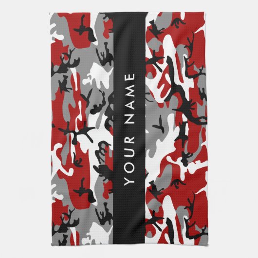 赤と灰色の迷彩自分の名前をパーソナライズ キッチンタオル (縦)