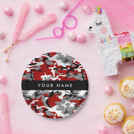 赤と灰色の迷彩自分の名前をパーソナライズ ペーパープレート (パーティー)
