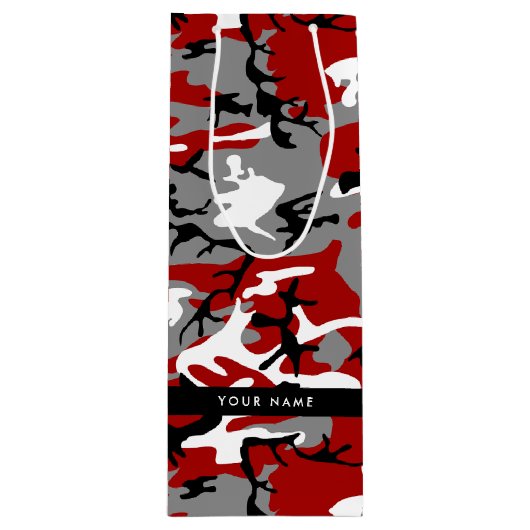 赤と灰色の迷彩自分の名前をパーソナライズ ワインギフトバッグ (正面)