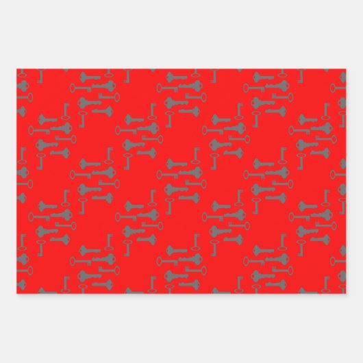 赤と灰色の鍵、フローラと水玉模様の組み合わせ ラッピングペーパーシート (正面)