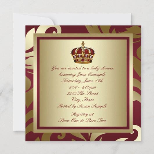 赤と王室の金ゴールドプリンス男の赤ちゃんシャワー 招待状 (裏面)