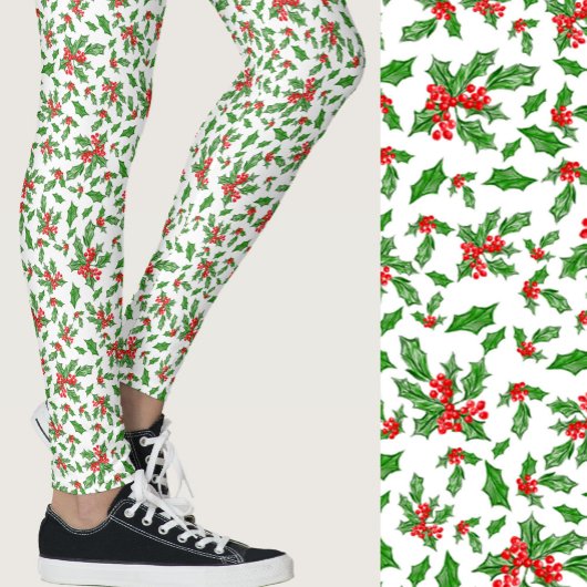 赤と白と緑のヒイラギのクリスマスパターン レギンス