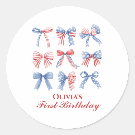 赤と白と青のリボン 7月4日の誕生日 ラウンドシール (正面)
