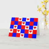 赤と白と青の四角と赤いハート カード (黄色い花)