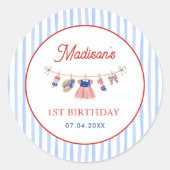 赤と白と青の7月4日1歳の誕生日 ラウンドシール (正面)