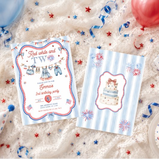 赤と白と2歳の7月4日 誕生日パーティー 招待状