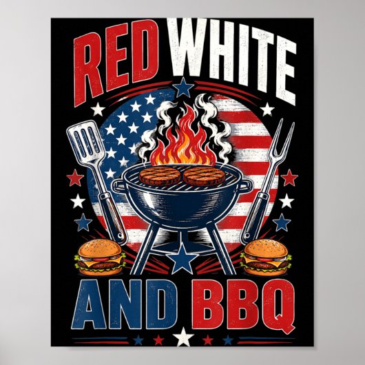 赤と白とBBQ 7月4日 アメリカ独立記念日 パトリオティック BBQ ポスター (正面)