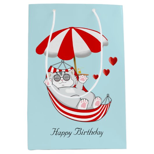 赤と白のはまかにいる誕生日の子猫 ミディアムペーパーバッグ (正面)