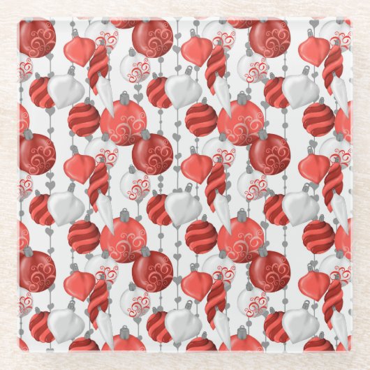 赤と白のぶら下がったクリスマスオーナメント ガラスコースター (正面)