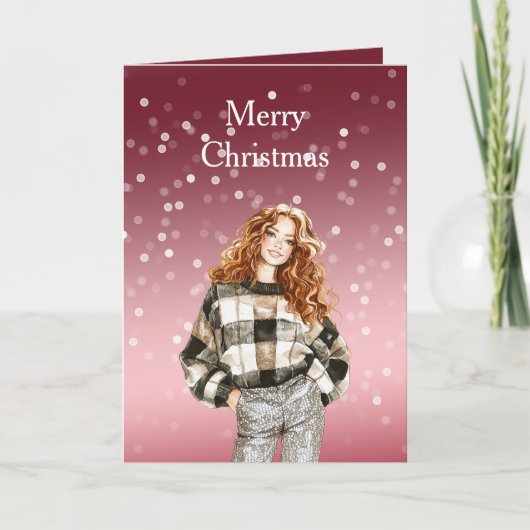 赤と白のぼかしドット クリスマス女子 カード (正面)
