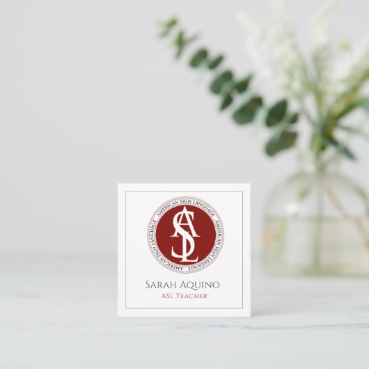 赤と白のアメリカの手話ASLロゴ スクエア名刺 (スタンド正面)