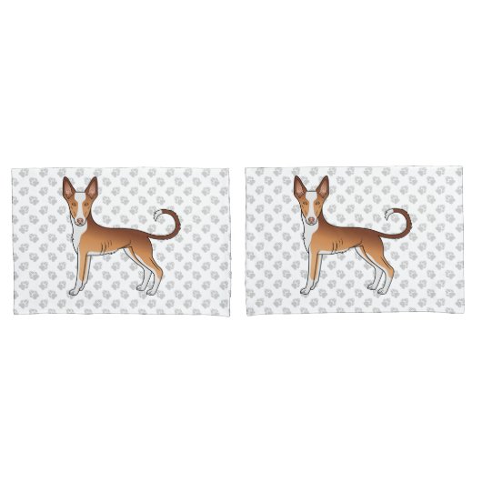 赤と白のイビサンハウンド スムースコート 犬と足跡 枕カバー (フロントセット)
