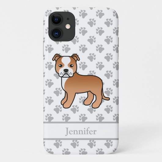 赤と白のイングリッシュ・スタッフィー・ドッグ + 名前 Case-Mate iPhoneケース (裏面)