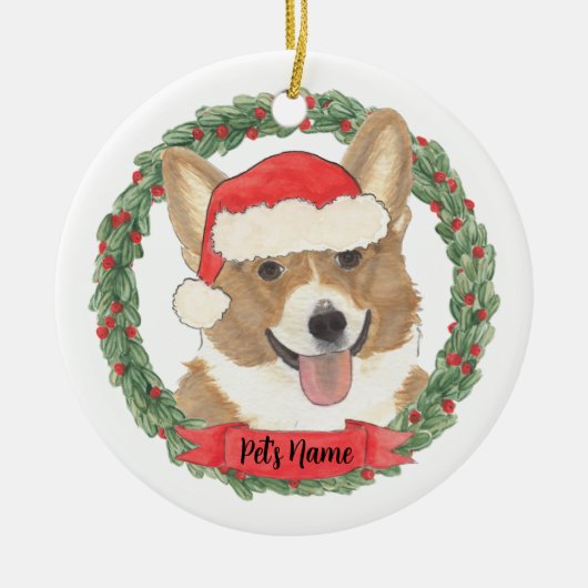 赤と白のウェルシュ・コーギーのクリスマス セラミックオーナメント (正面)