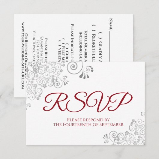 赤と白のエレガントシルバーレース結婚ズ 出欠カード (正面/裏面)