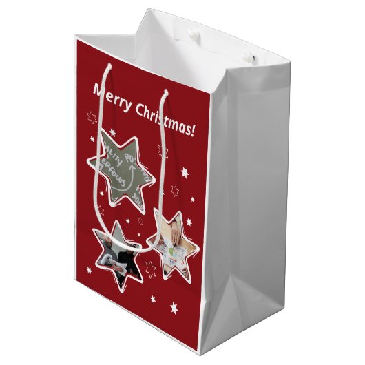 赤と白のカスタム写真スタースターチェアのクリスマス ミディアムペーパーバッグ (正面アングル)