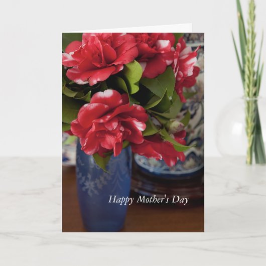 赤と白のカメリアスブルー花瓶マザーズデイカード カード (正面)