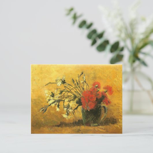 赤と白のカーネーション付き花瓶ファンゴッホファインアート ポストカード (スタンド正面)