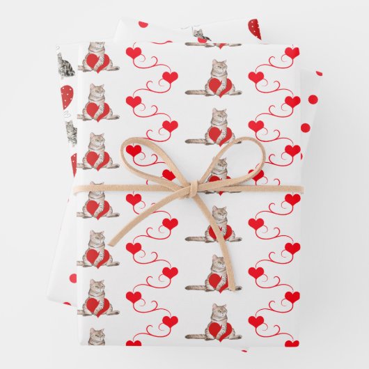 赤と白のキャットバレンタインの贈り物ラップ ラッピングペーパーシート (インサイチュ)