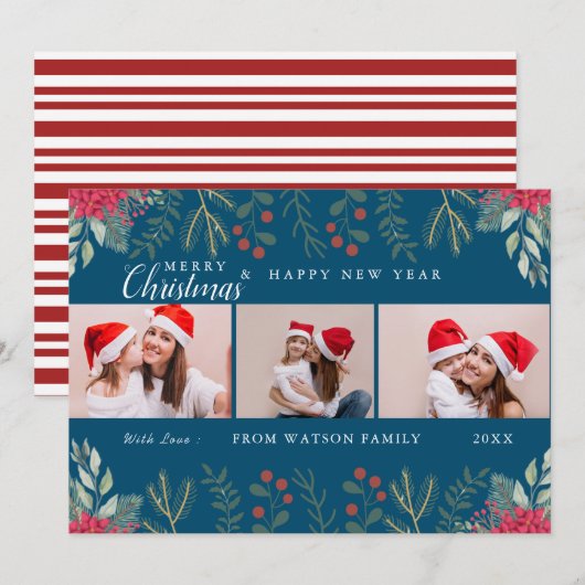 赤と白のキャンディーケーンホリデーフォトコラージュカード シーズンカード (正面/裏面)