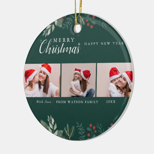 赤と白のキャンディーケーンホリデーフォトコラージュセラム セラミックオーナメント (左)