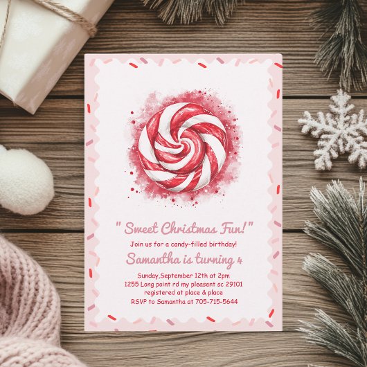 赤と白のキャンディー冬の誕生日パーティー 招待状