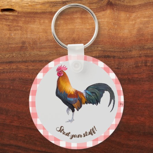 赤と白のギンガムとヴィンテージロースターキーチェーン キーホルダー (正面)