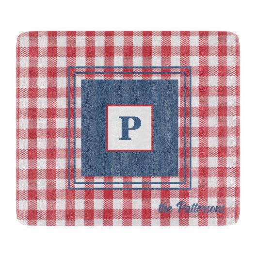 赤と白のギンガムチェック、ブルーデニムガラス カッティングボード (正面)