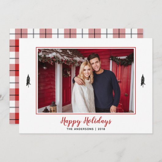 赤と白のギンガムフランネル写真クリスマスツリー シーズンカード (正面/裏面)
