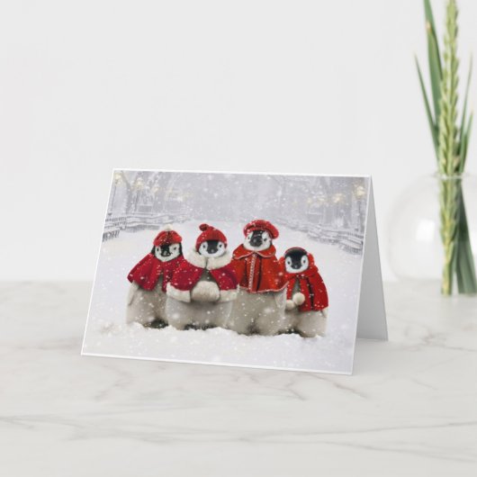 赤と白のクリスマスのペンギンのデザイン シーズンカード (正面)