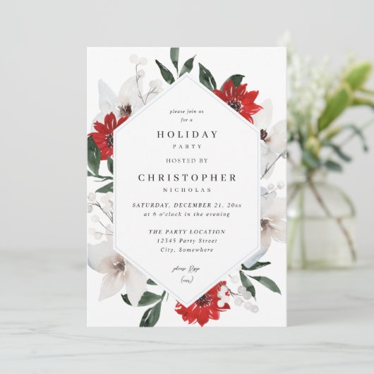 赤と白のクリスマスまたは休日のフローラパーティー 招待状 (スタンド正面)