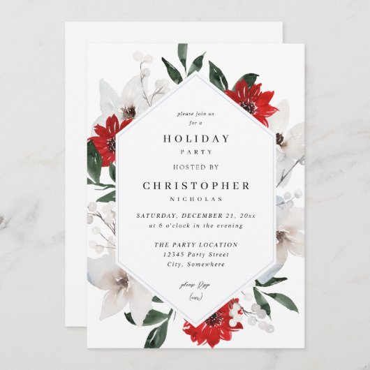 赤と白のクリスマスまたは休日のフローラパーティー 招待状 (正面/裏面)