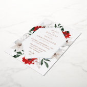 赤と白のクリスマスまたは休日のフローラパーティー 箔招待状 (回転した状態)