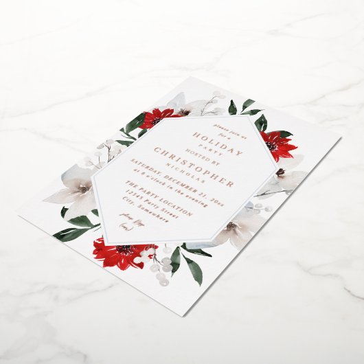 赤と白のクリスマスまたは休日のフローラパーティー 箔招待状 (回転した状態)