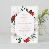 赤と白のクリスマスまたは休日のフローラパーティー 箔招待状 (立ち正面)